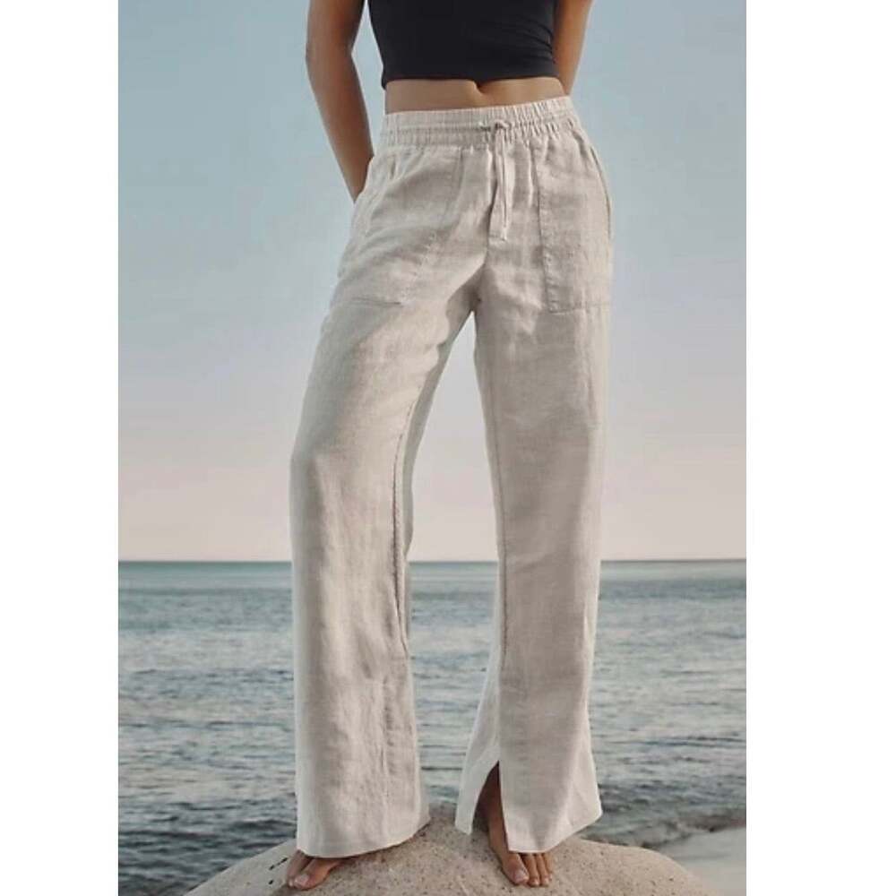 Athleta Retreat Wide Leg Linen Pants High Waist Slit Hem Beige 658547 Size Large